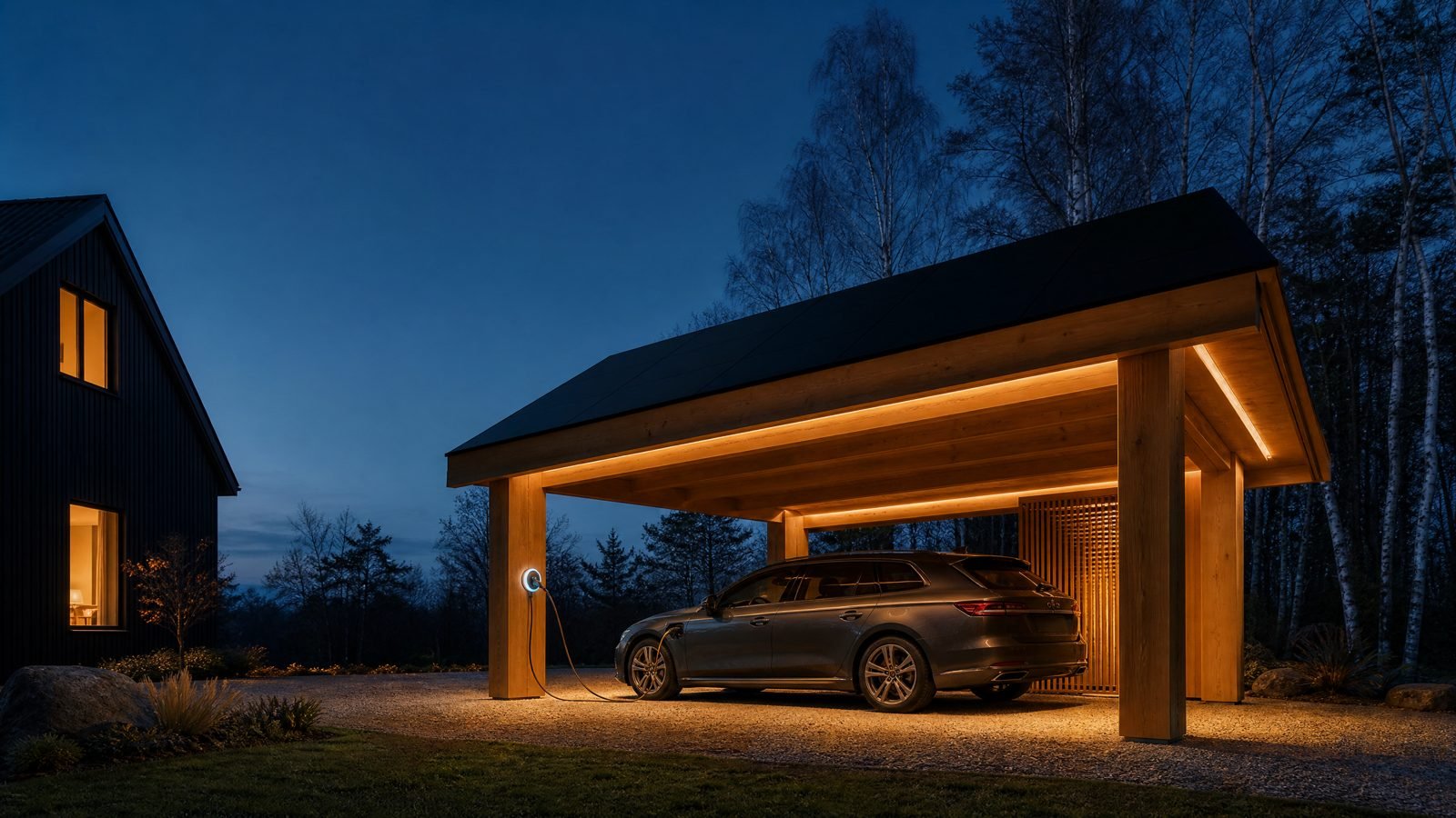 A CAROSOLARO pavilion at dusk with warm concealed lighting under the roof and a car charging